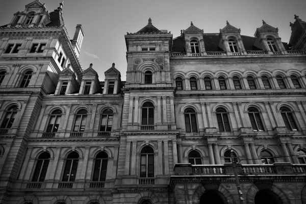 new york state capitol in black and white